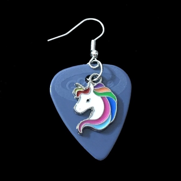 HAND Crafted Earring Repurposed Guitar Picks Unicorn Happy Pride Rainbow - Picture 3 of 6